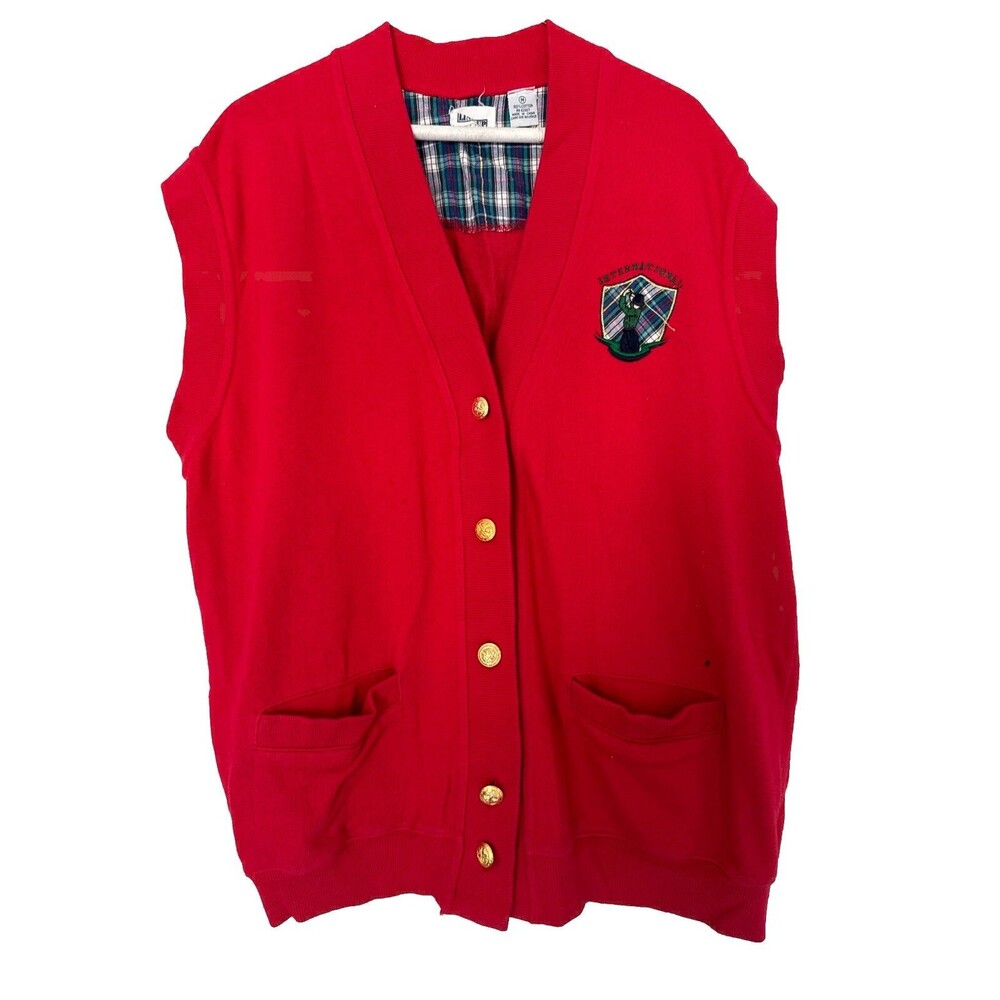 Vintage Men's Golf  Vest Button Up Sweater Pinehurst Line-up Red Gold  Size M